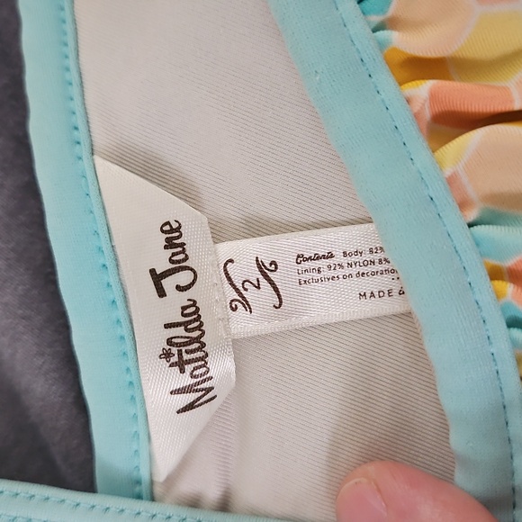 Size 2 Matilda Jane Aqua and Yellow Striped Kids Swim One Piece - Picture 2 of 4